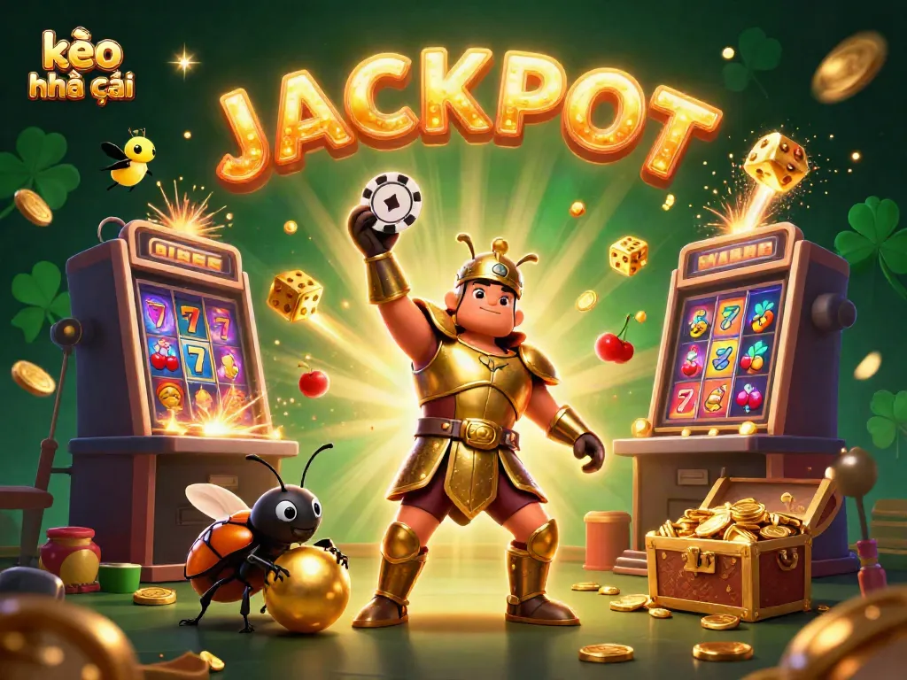 Celebrate wins with kèo nhà cái in a dynamic 3D illustration featuring beetles and jackpot symbols.