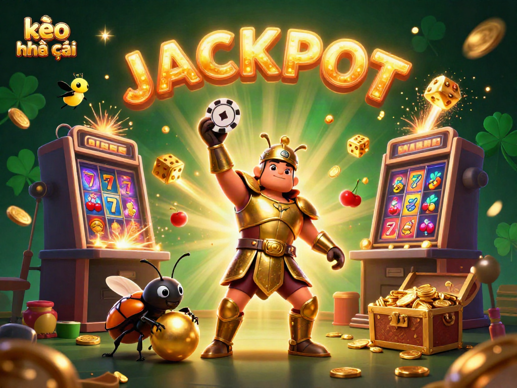 Celebrate wins with kèo nhà cái in a dynamic 3D illustration featuring beetles and jackpot symbols.