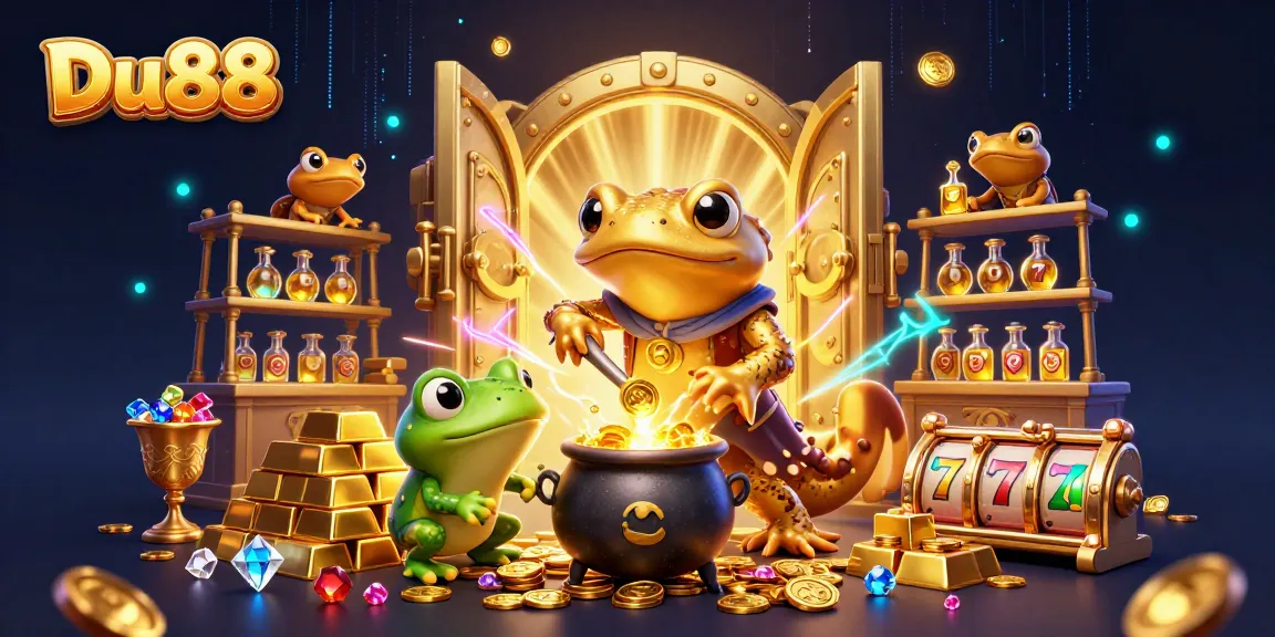 Engage with Du88's exciting gaming world featuring vibrant gold treasures and nostalgic slot elements