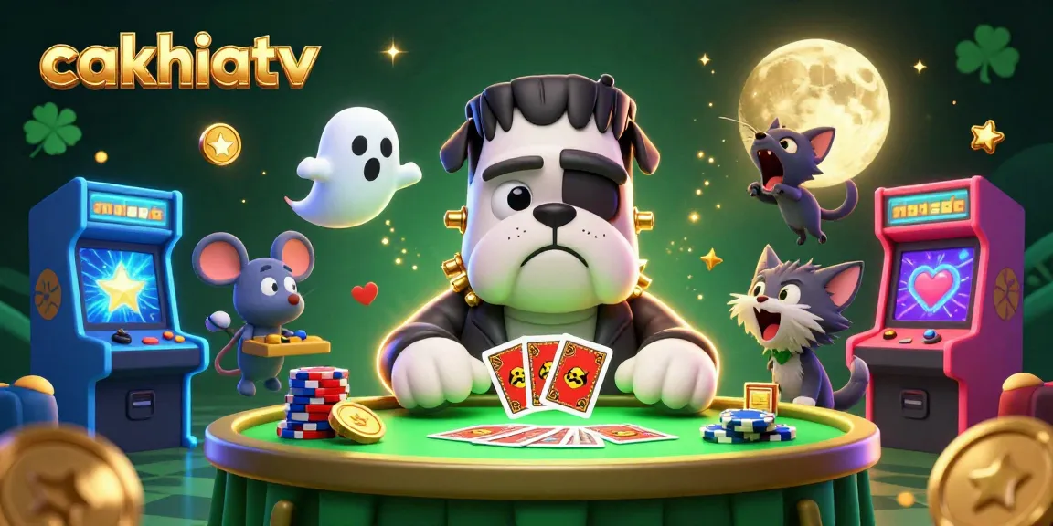 Cakhiatv features a cartoon bulldog monster dealing cards at a glowing table, creating a vibrant gambling atmosphere.