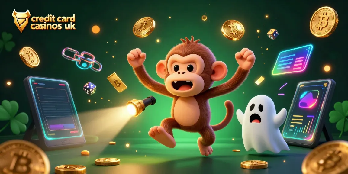 Experience the thrill of credit card casinos UK with a mischievous monkey juggling golden chips, emphasizing fast and secure gaming.