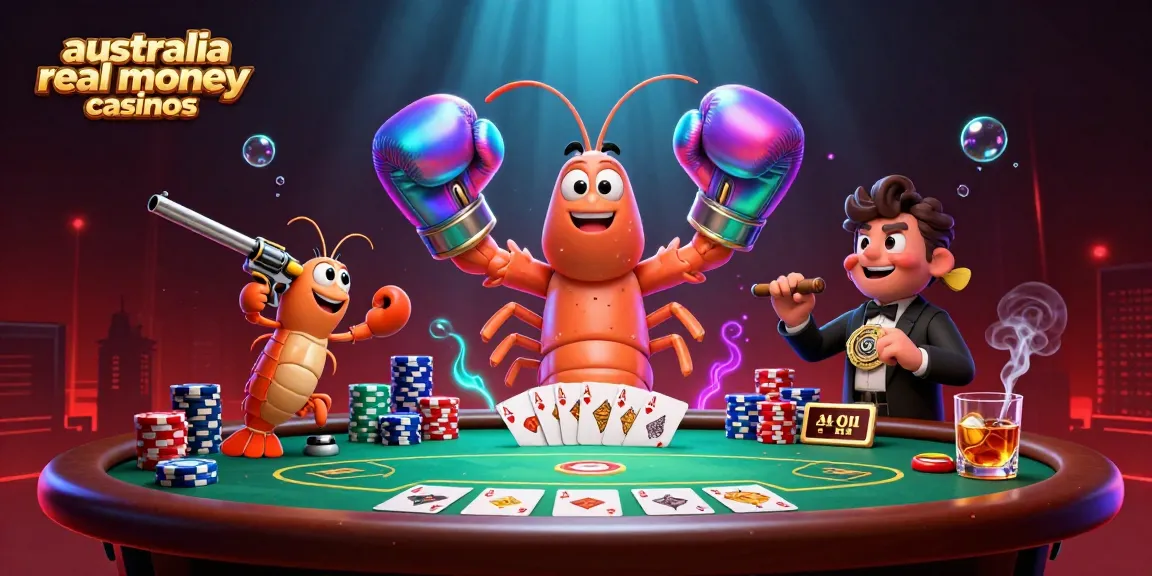 A dynamic scene showcasing australia real money casinos with unique characters and poker elements for engaging gameplay