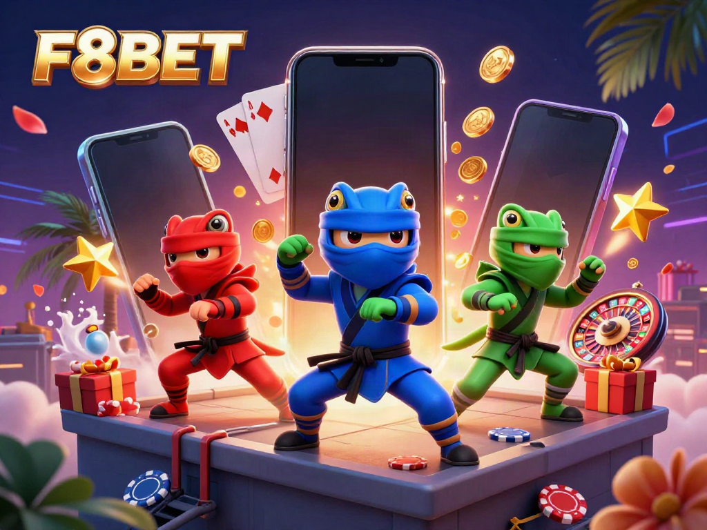 Experience F8BET with a dynamic illustration of ninja chameleons showcasing thrilling casino elements.
