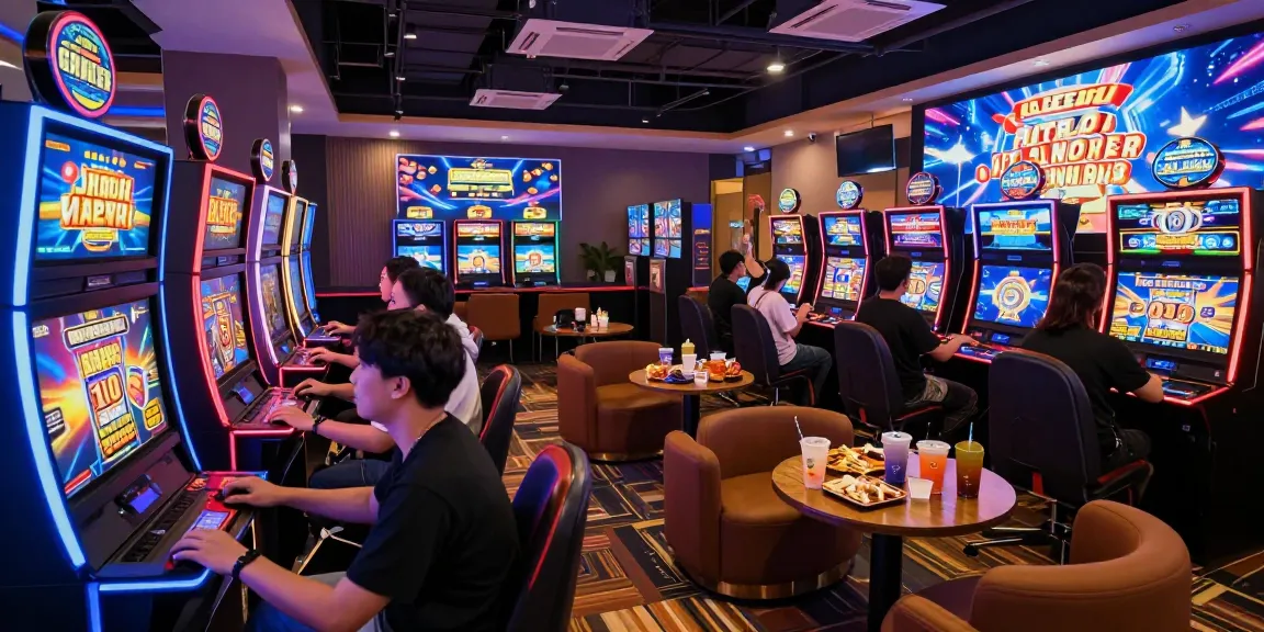 Engaging players in vibrant gaming lounge celebrating wins at situs slot deposit 10 ribu.