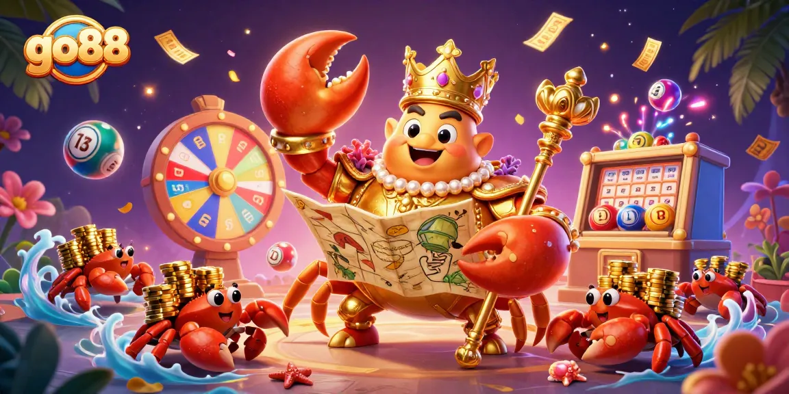Join the fun at go88 with vibrant lottery elements and a majestic crab emperor in an exciting casino setting.