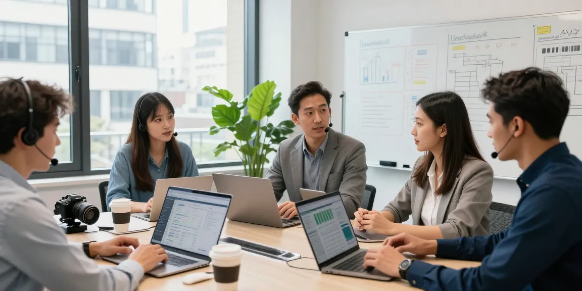 Small business IT support London team collaborating on tech solutions in a bright office environment.