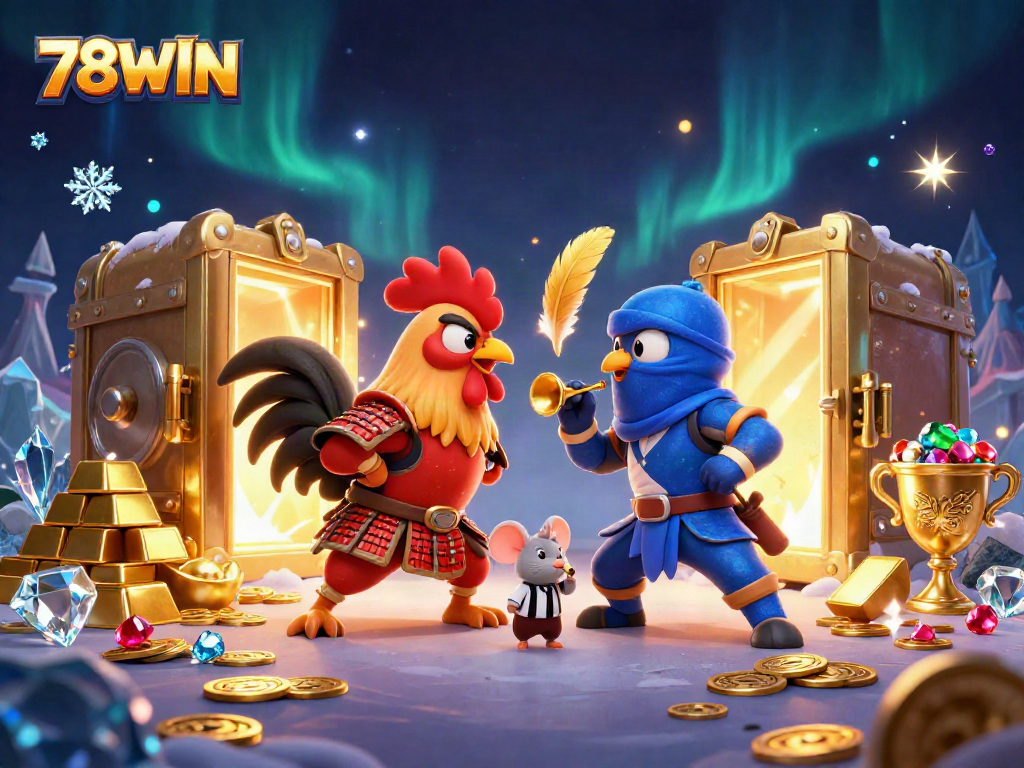 Experience exciting gameplay at 78WIN with dynamic cartoon roosters and dazzling casino elements.