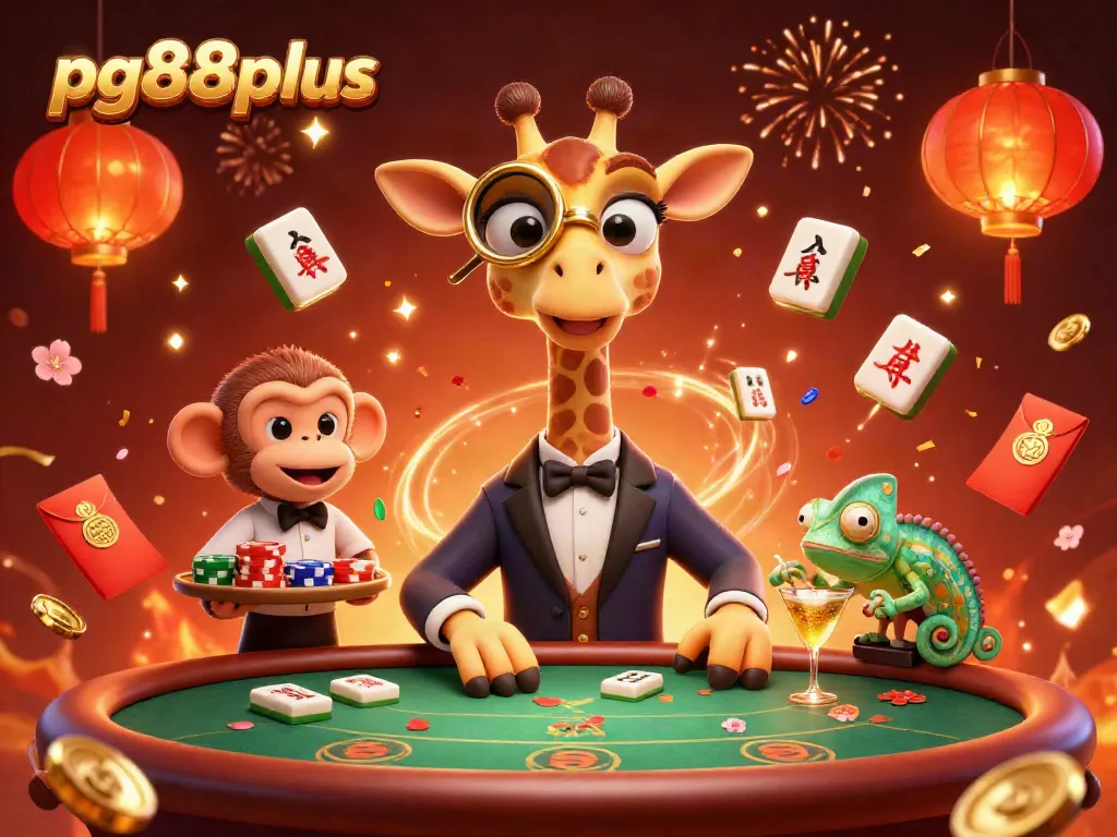 Experience the excitement of pg88plus with a vibrant casino scene featuring a giraffe, monkey, and chameleon.