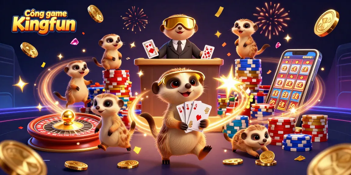 Cổng game Kingfun features a vibrant casino scene with meerkats in action, celebrating wins.