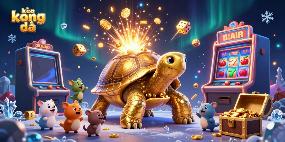Bet on kèo bóng đá with a thrilling scene showcasing a giant tortoise pinball machine surrounded by slot machines and animated characters.