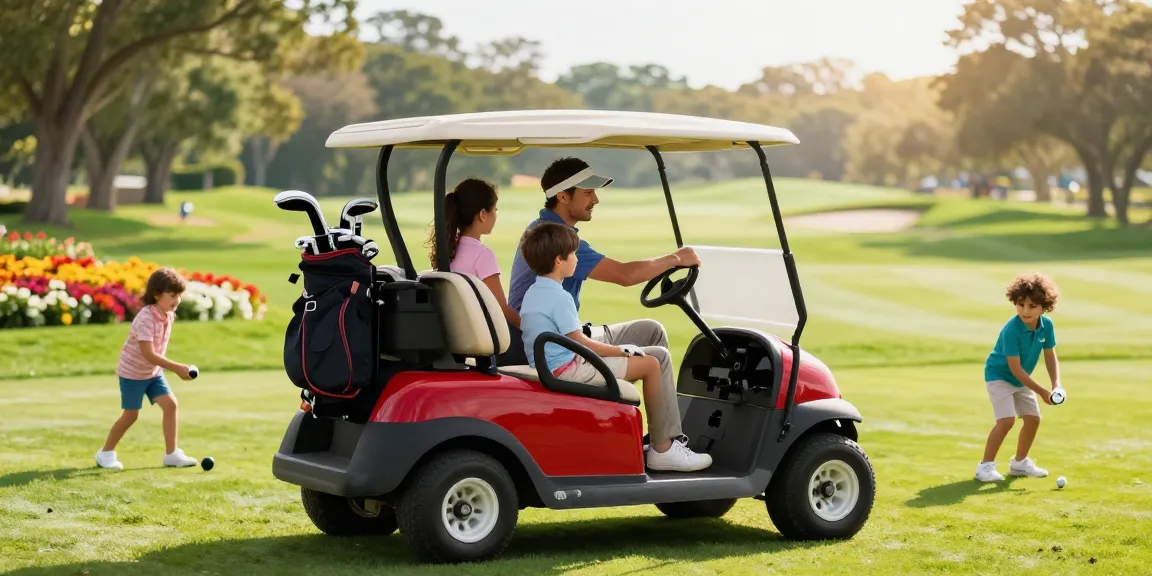 Family enjoying a sunny day ride at Golf Cart Emporium in a vibrant red golf cart.