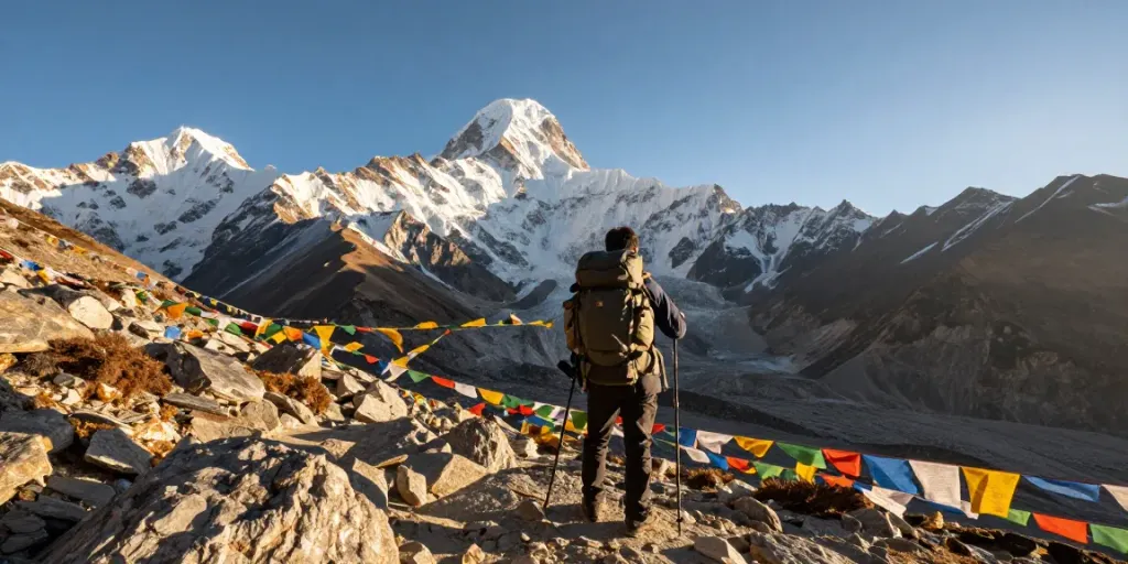 Manaslu Circuit Trek en la cima del Larkya La Pass con un viajero feliz admirando el paisaje montañoso.