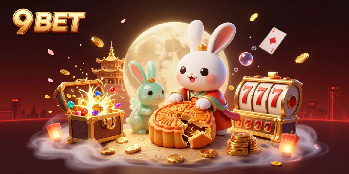Engage in thrilling gameplay with 9BET as a moon rabbit reveals poker chips from mooncakes, surrounded by vibrant casino elements.