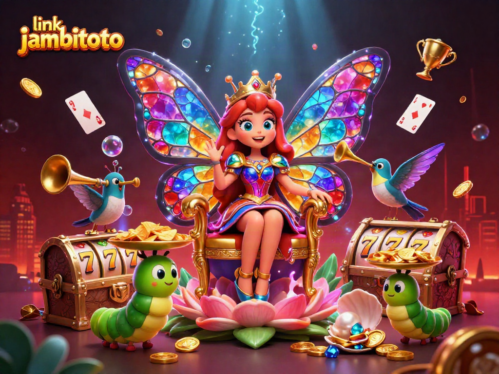 Engage with link jambitoto through a vibrant casino scene featuring a butterfly queen and slot machines.