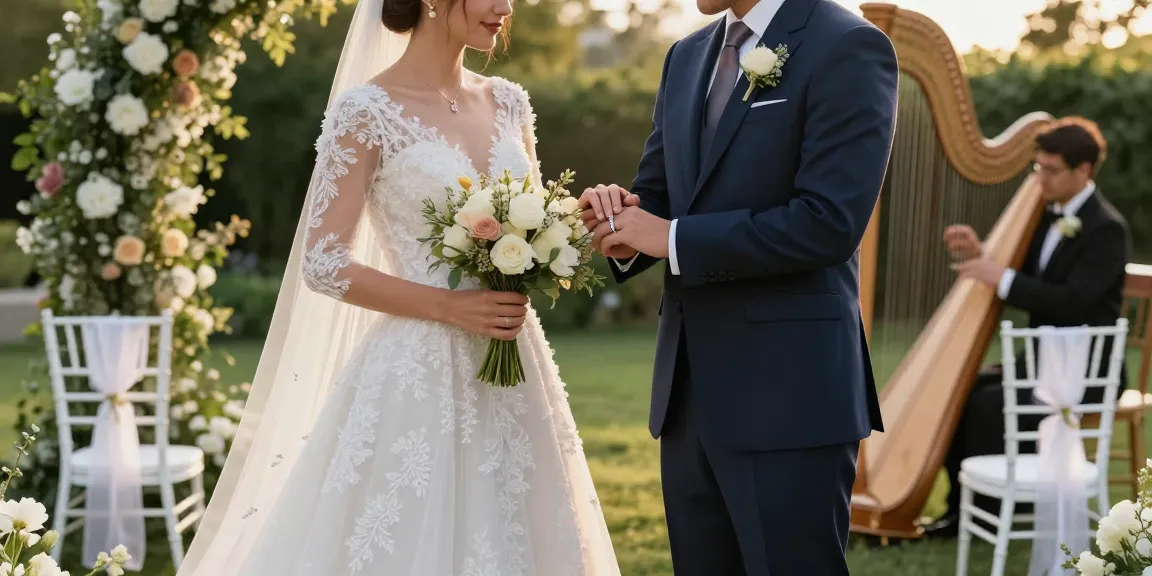 Luxury wedding rings exchanged during an elegant outdoor wedding ceremony.