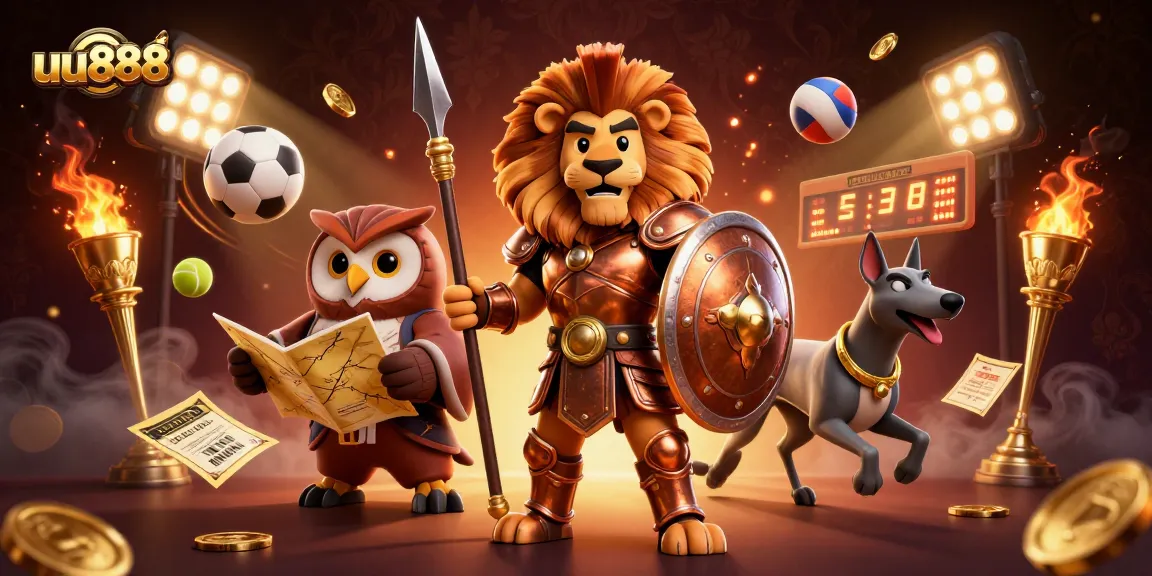 Betters enjoy the thrill of uu888 with a dynamic scene featuring a Spartan lion, owl strategist, and speedy greyhound.