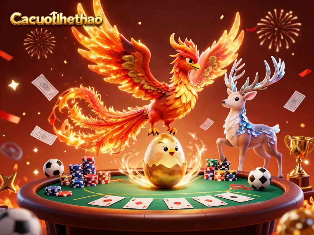 Cacuocthethao showcases a vibrant phoenix and stag celebrating sports betting with colorful poker elements.