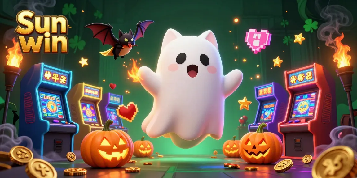 Experience thrilling gameplay with Sun win in this vibrant haunted casino scene featuring a ghost cat.