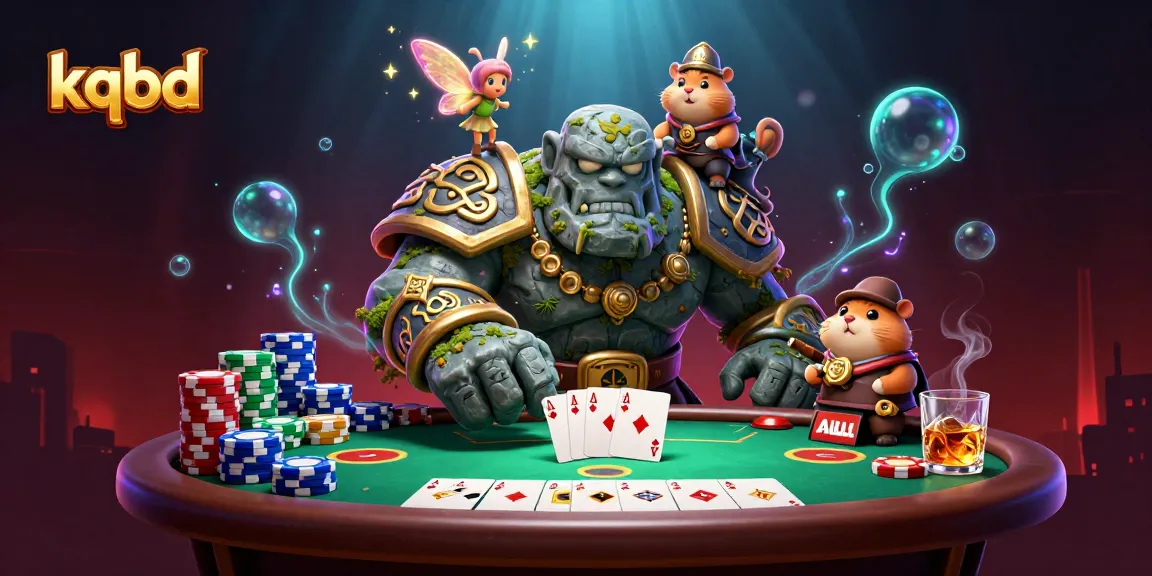 Experience captivating kqbd gaming action with a whimsical golem, fairy, and hamster knight in a rich casino scene.