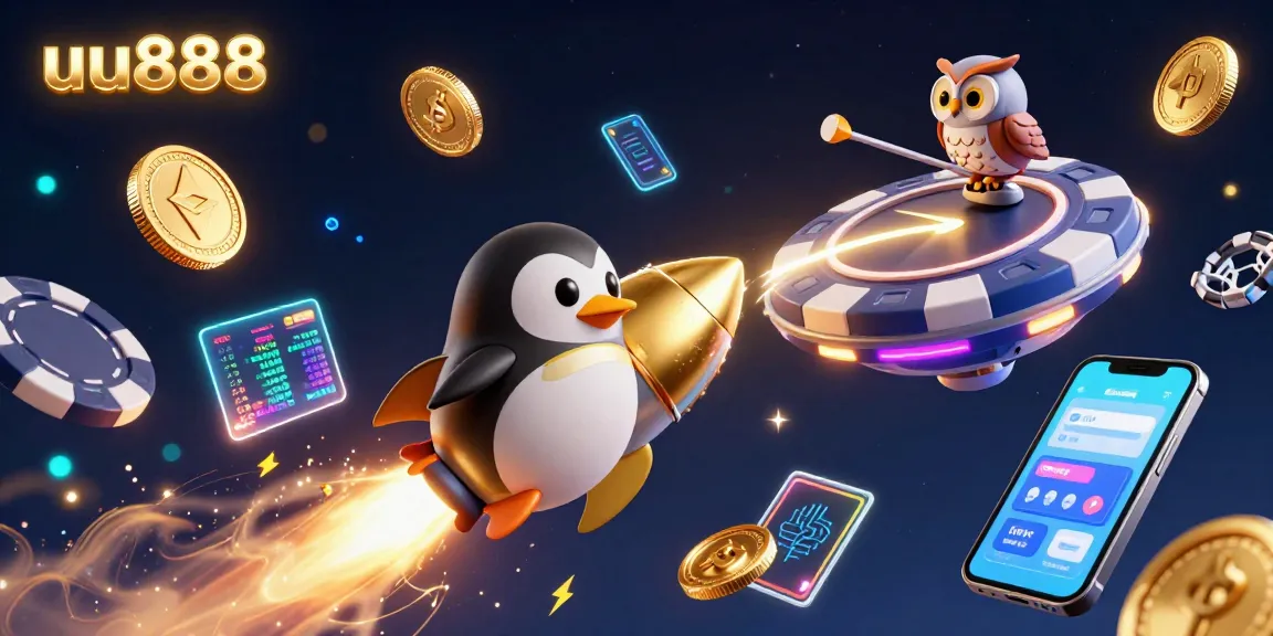 Experience uu888 in a vibrant 3D scene with a golden penguin and casino elements bursting with energy.