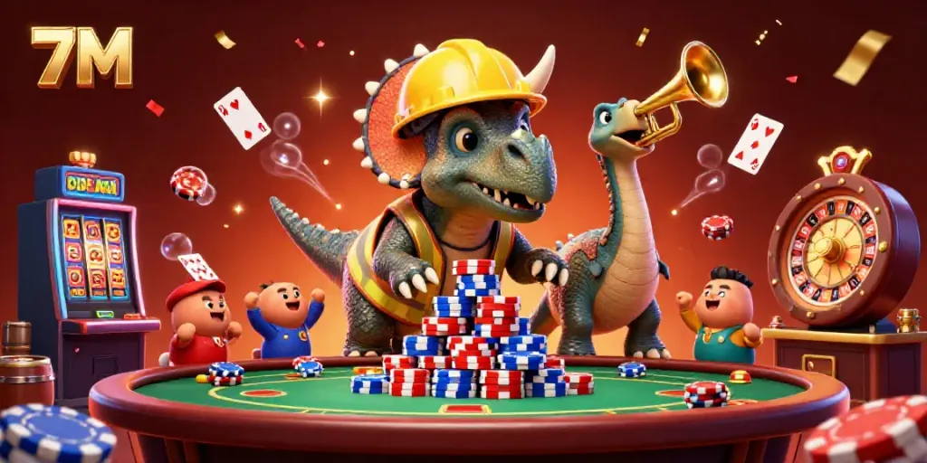 Engage in thrilling gameplay with 7M's vibrant casino scene featuring cartoon dinosaurs amid poker chips.