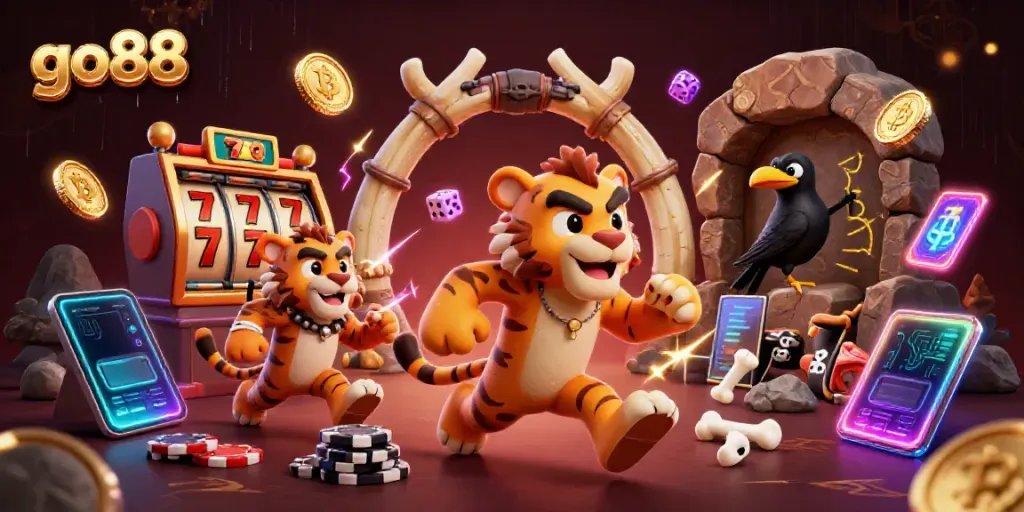 Experience the thrill of go88 gaming in a vibrant prehistoric casino scene with lively characters and dynamic elements.