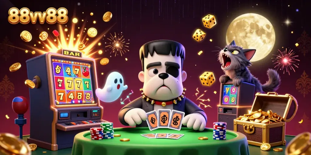 Engage with 88vv88 as a Frankenstein bulldog dealer and ghost mouse at a vibrant casino table.
