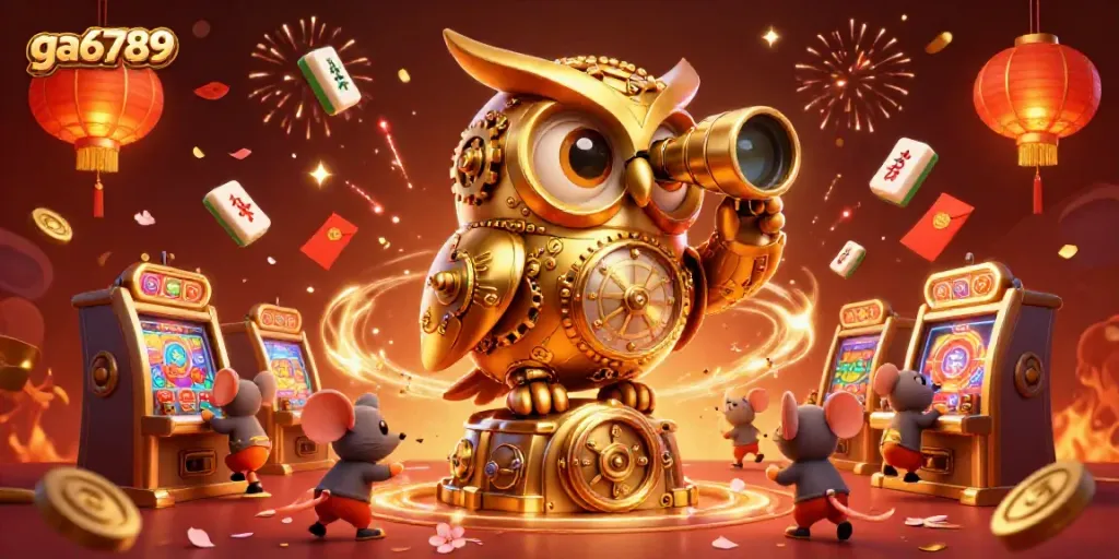 Immerse in ga6789 excitement with a golden owl and mouse patrons amid brilliant casino chaos.