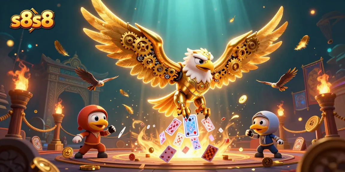 Experience the thrill of s8s8 as the golden eagle dives through holographic cards in a casino setting.