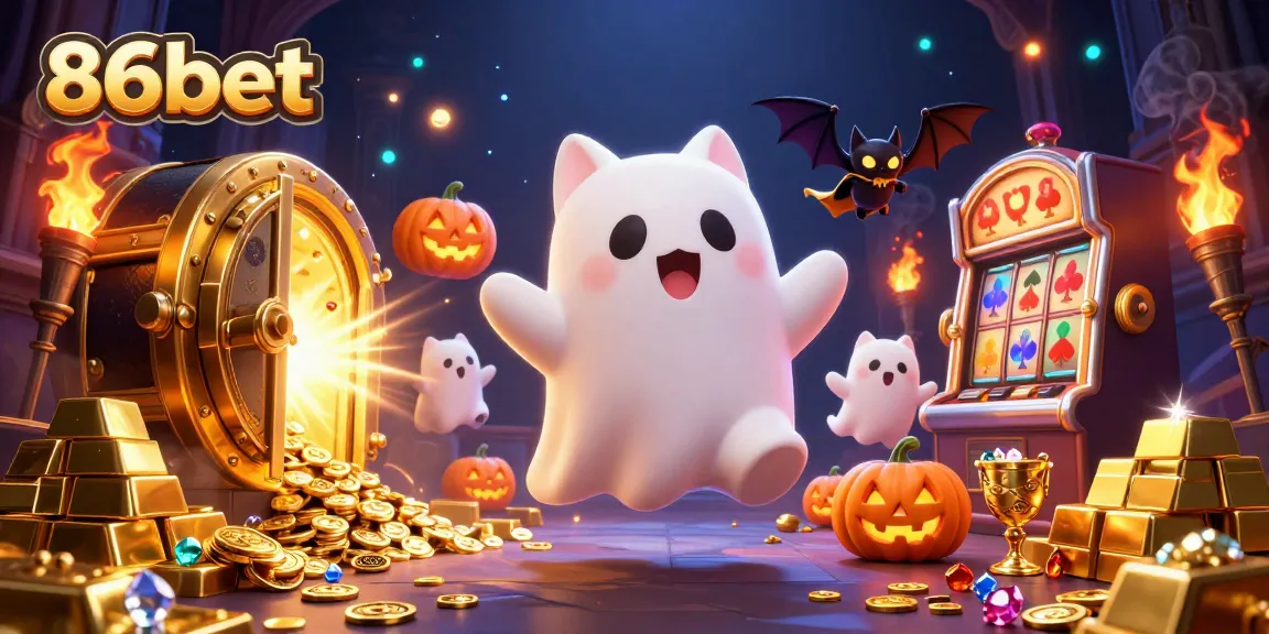 Join the fun at 86bet as the ghost cat and friends explore a haunted casino with glowing poker symbols.