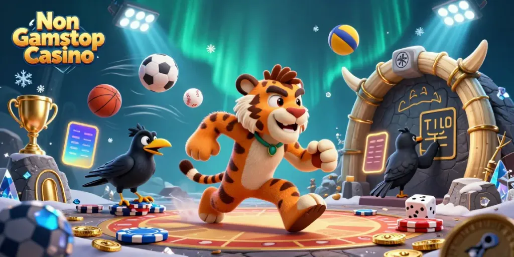 Engage with Non Gamstop Casino as a lively prehistoric scene features a caveman duo and a clever crow amidst dynamic sports elements.