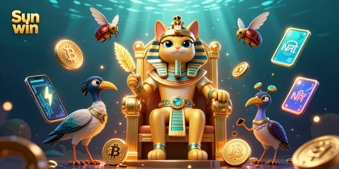 Experience exciting gameplay with Sun win, featuring an Egyptian cat in 3D illustration surrounded by crypto elements.