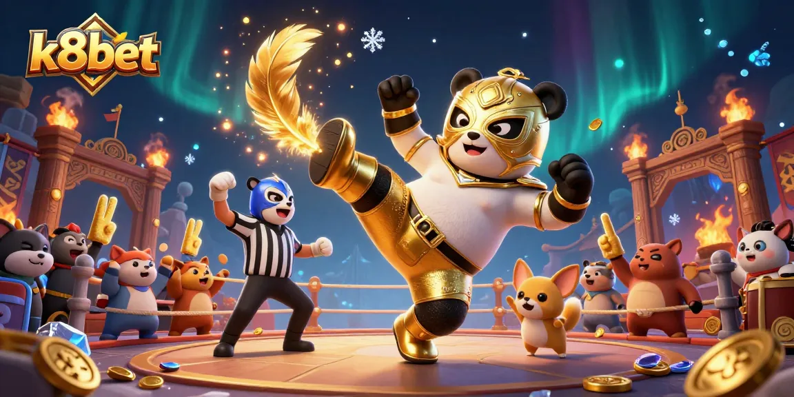 K8bet offers an engaging experience with a lively scene of a cartoon panda wrestler and animal spectators cheering.