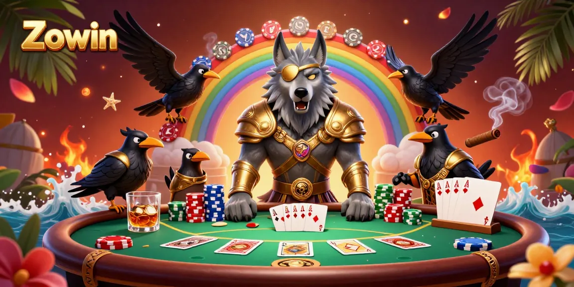 Engage with the Zowin experience in a vibrant casino scene featuring the mythical Odin and his ravens.