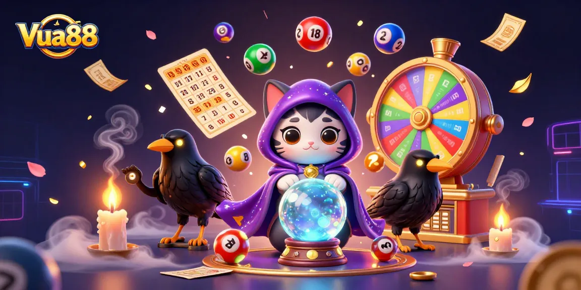 Engage with thrilling casino action at Vua88, featuring vibrant lottery balls, a mystic cat, and dynamic game elements.