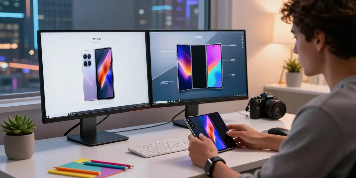 A tech enthusiast examining a tri-fold phone in a stylish modern workspace.