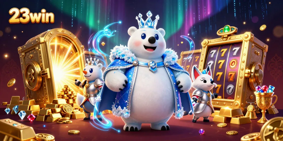 Experience 23win's thrilling jackpot action with a polar bear and snow fox amidst sparkling treasures.