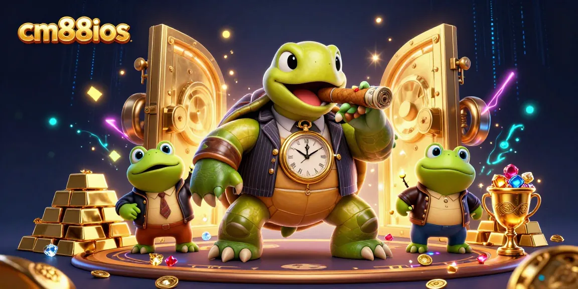 Experience cm88ios thrilling action with a cartoon turtle and bullfrogs amid sparkling casino treasures.