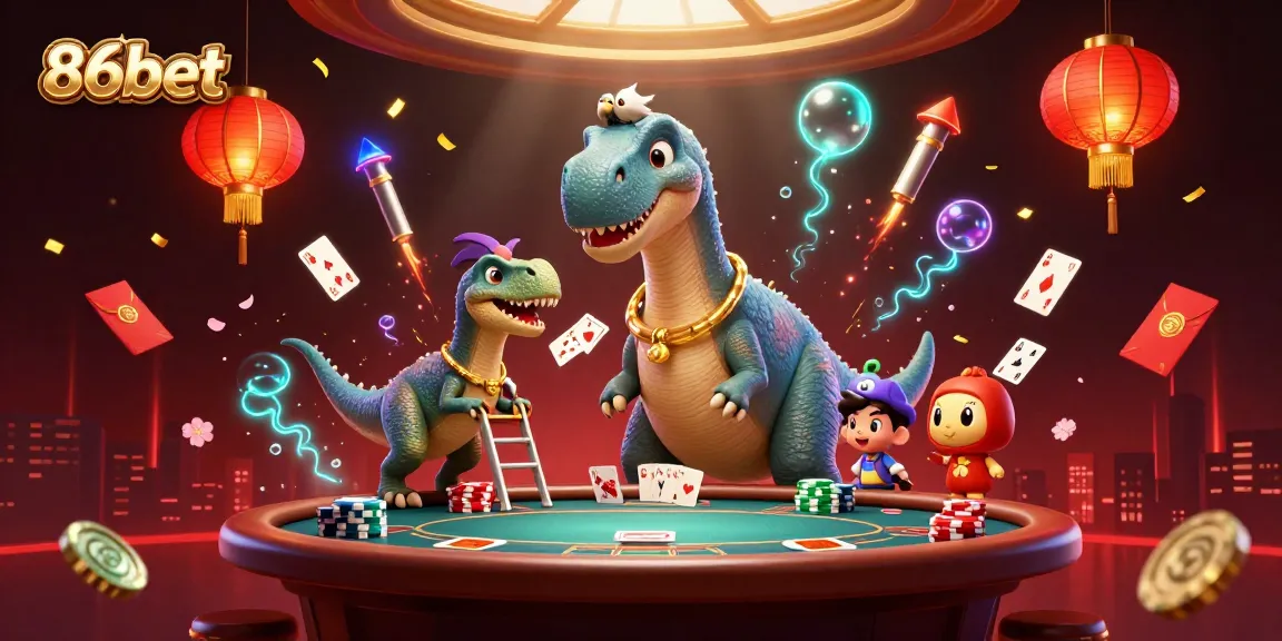 Gamble with 86bet at a vibrant casino scene featuring dinosaurs and poker action.