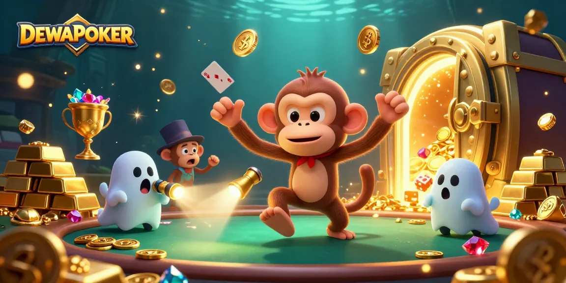 Experience the dynamic gameplay at DEWAPOKER with a playful illustration showcasing ghostly characters and golden treasures.