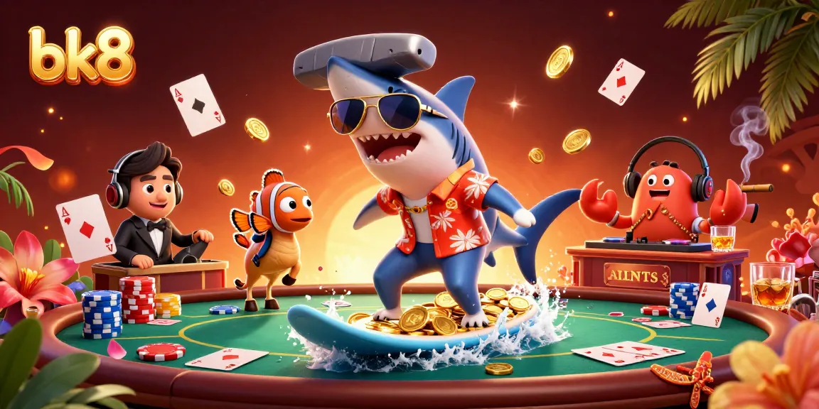 Experience the thrill of bk8 with vibrant casino action, featuring a shark and clownfish surfing gold coins.