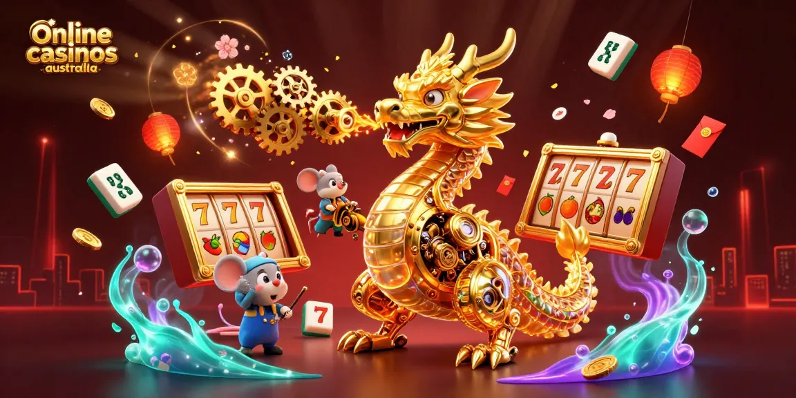 Experience exciting gameplay in online casinos Australia with vibrant slot machines and a golden dragon.